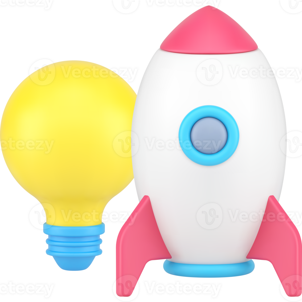 Startup business innovation idea launching spaceship illuminated light bulb 3d icon png