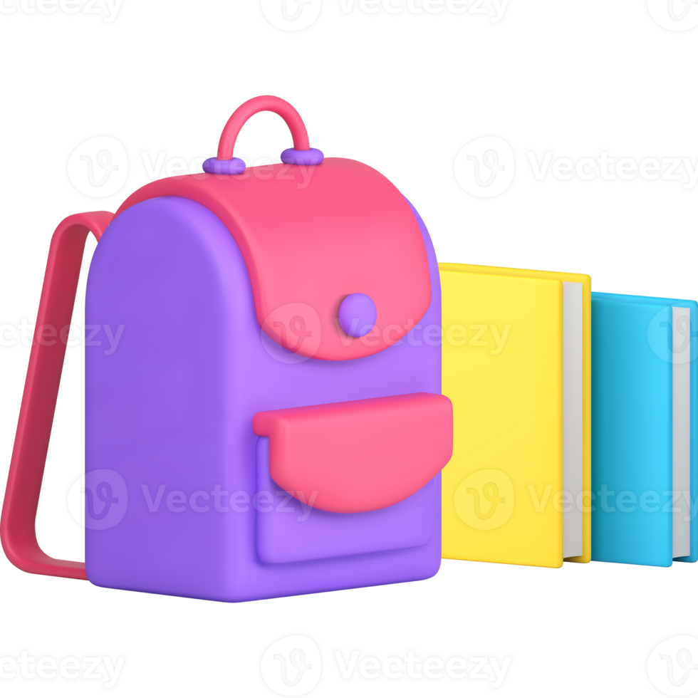 Educational backpack with paper books stack back to school knowledge learning 3d icon png