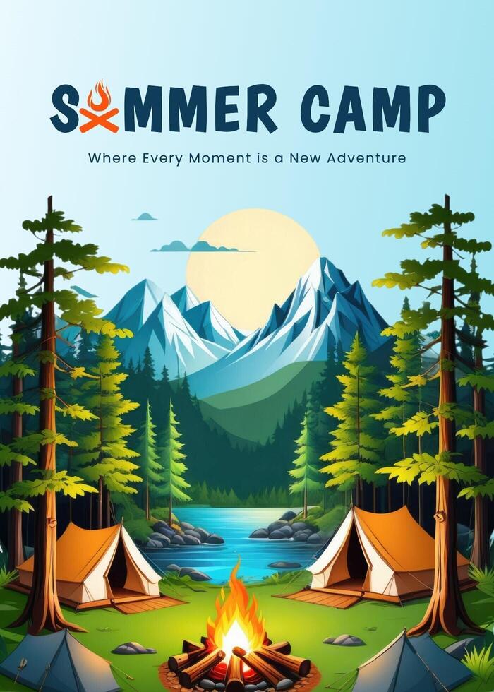 Blue Illustration Summer Camp Greating Card template