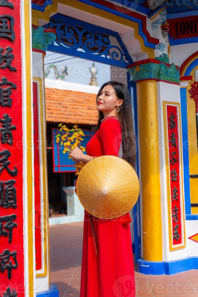 Vietnamese girl with Ao Dai dress standing in traditional house of Vietnam. Text in photo mean best wishes to family, happiness, prosperity, health. Tet holiday and New Year.