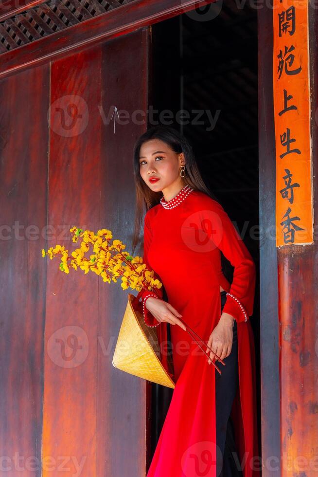 Vietnamese girl with Ao Dai dress standing in traditional house of Vietnam. Text in photo mean best wishes to family, happiness, prosperity, health. Tet holiday and New Year.