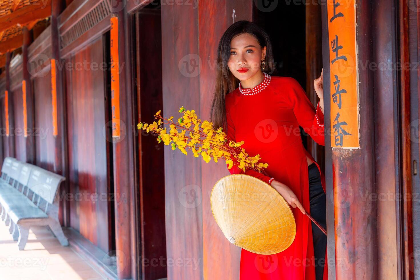Vietnamese girl with Ao Dai dress standing in traditional house of Vietnam. Text in photo mean best wishes to family, happiness, prosperity, health. Tet holiday and New Year.