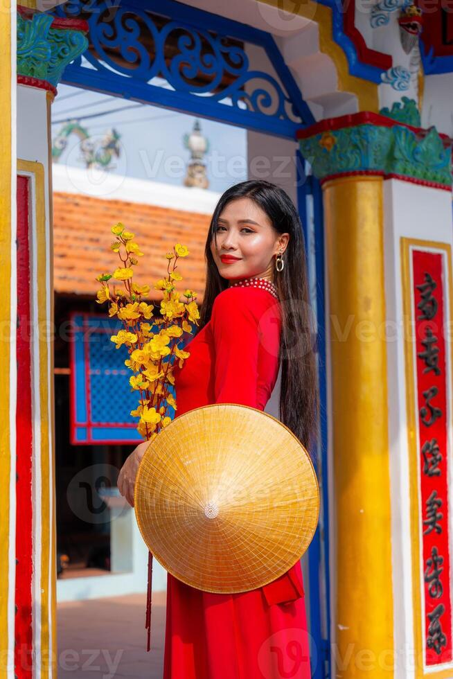 Vietnamese girl with Ao Dai dress standing in traditional house of Vietnam. Text in photo mean best wishes to family, happiness, prosperity, health. Tet holiday and New Year.