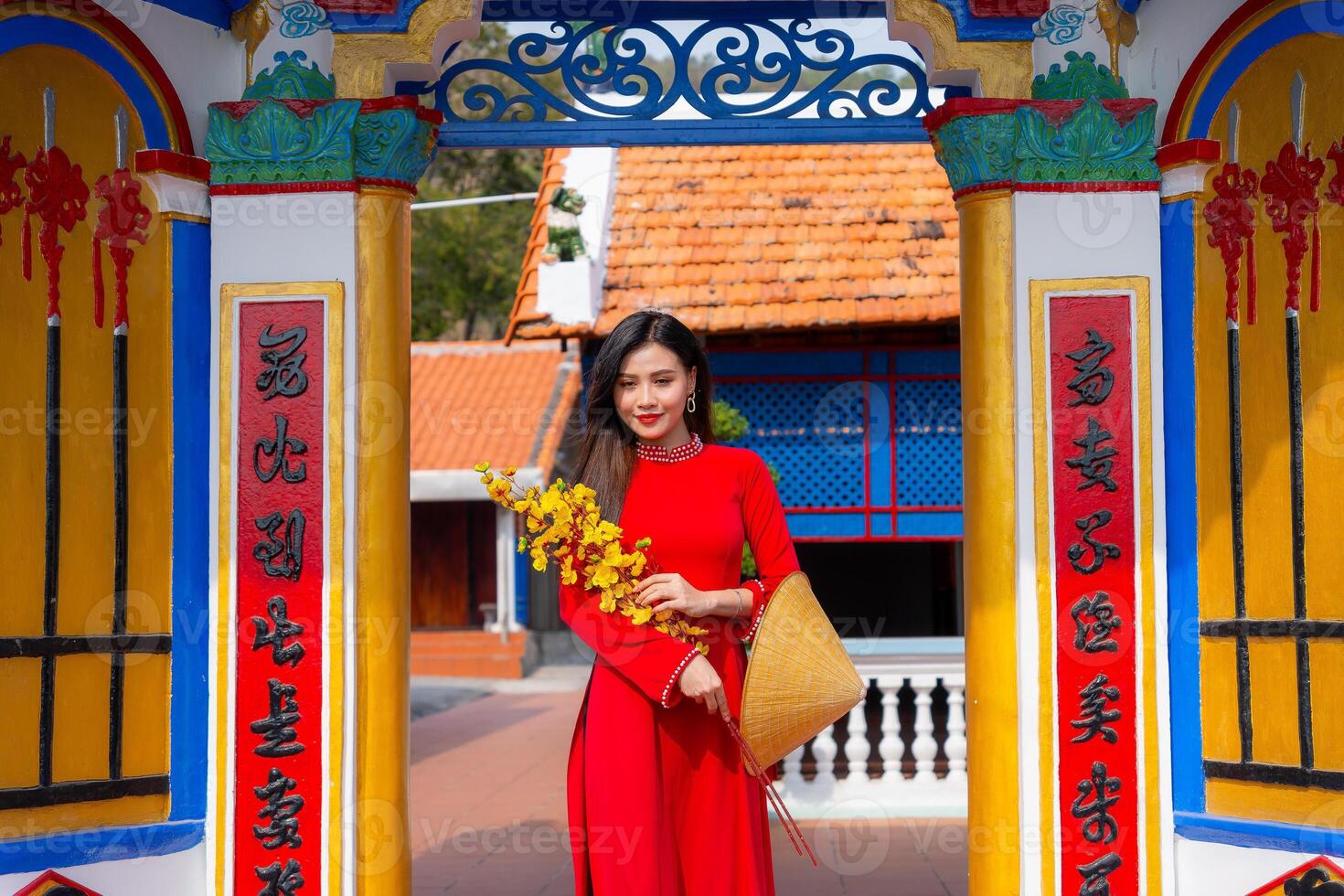 Vietnamese girl with Ao Dai dress standing in traditional house of Vietnam. Text in photo mean best wishes to family, happiness, prosperity, health. Tet holiday and New Year.