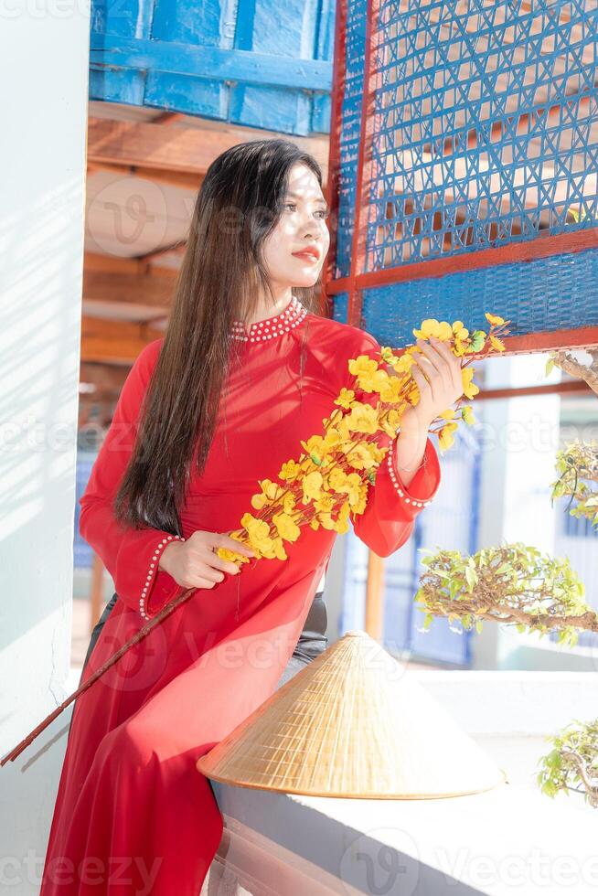 Vietnamese girl with Ao Dai dress standing in traditional house of Vietnam. Text in photo mean best wishes to family, happiness, prosperity, health. Tet holiday and New Year.