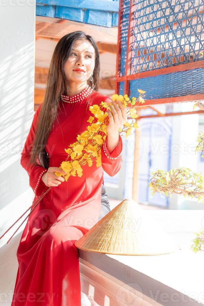 Vietnamese girl with Ao Dai dress standing in traditional house of Vietnam. Text in photo mean best wishes to family, happiness, prosperity, health. Tet holiday and New Year.
