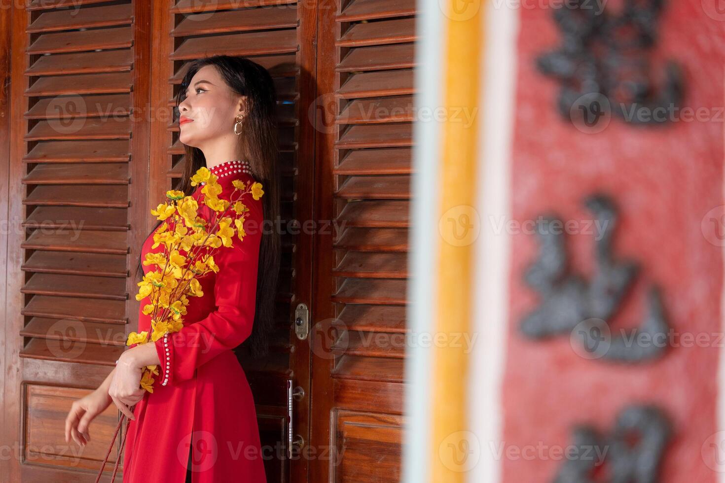 Vietnamese girl with Ao Dai dress standing in traditional house of Vietnam. Text in photo mean best wishes to family, happiness, prosperity, health. Tet holiday and New Year.