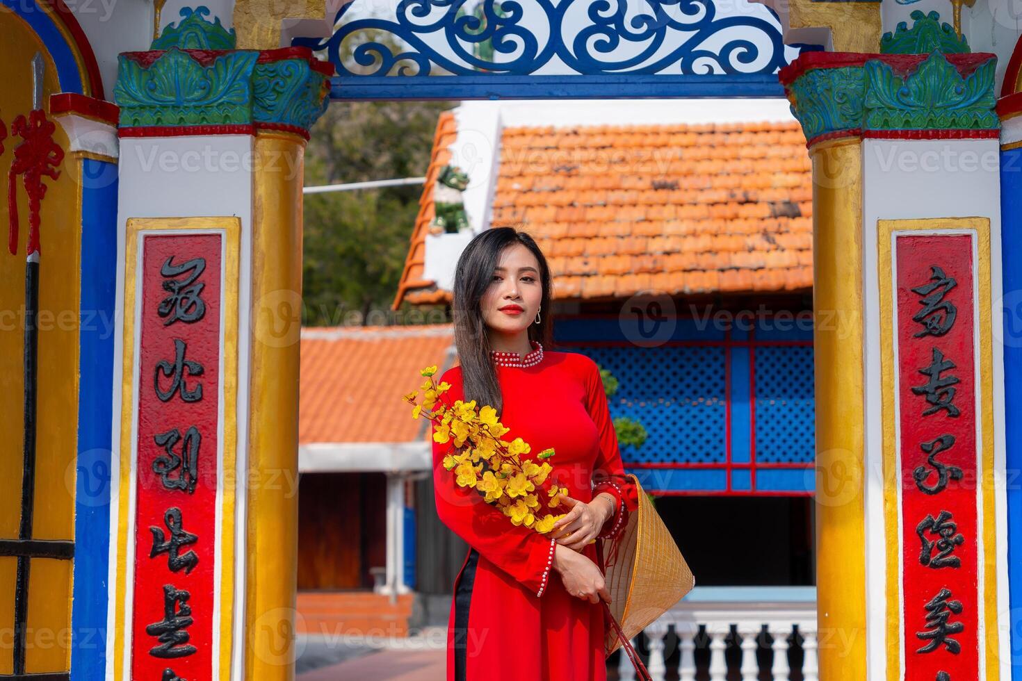 Vietnamese girl with Ao Dai dress standing in traditional house of Vietnam. Text in photo mean best wishes to family, happiness, prosperity, health. Tet holiday and New Year.