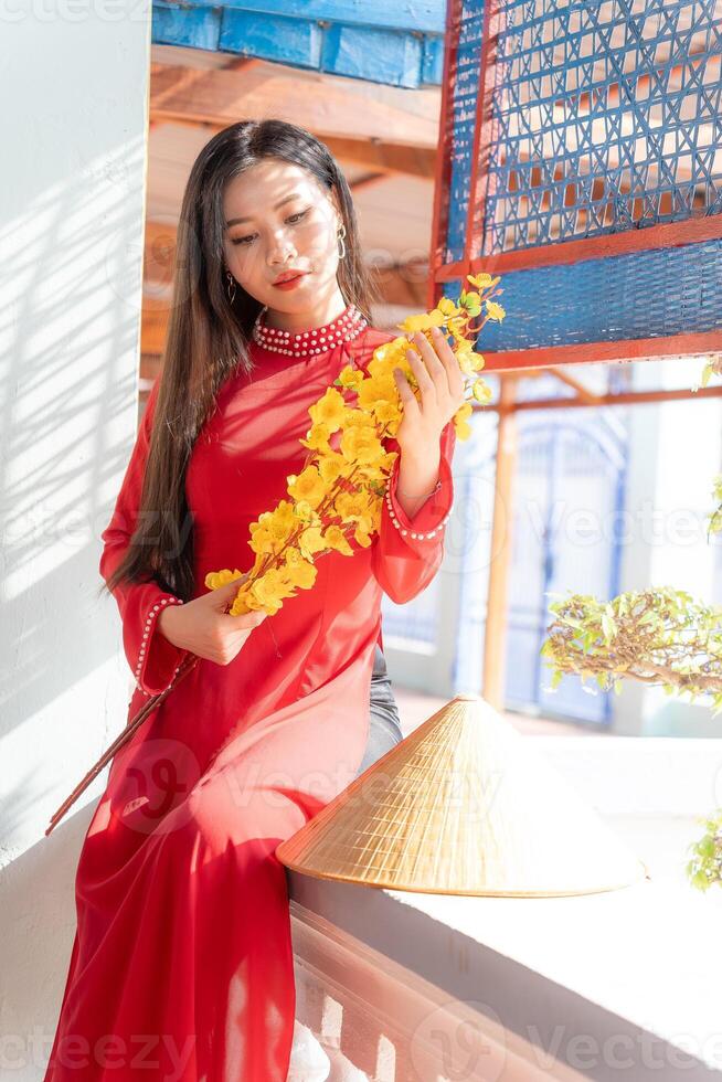 Vietnamese girl with Ao Dai dress standing in traditional house of Vietnam. Text in photo mean best wishes to family, happiness, prosperity, health. Tet holiday and New Year.