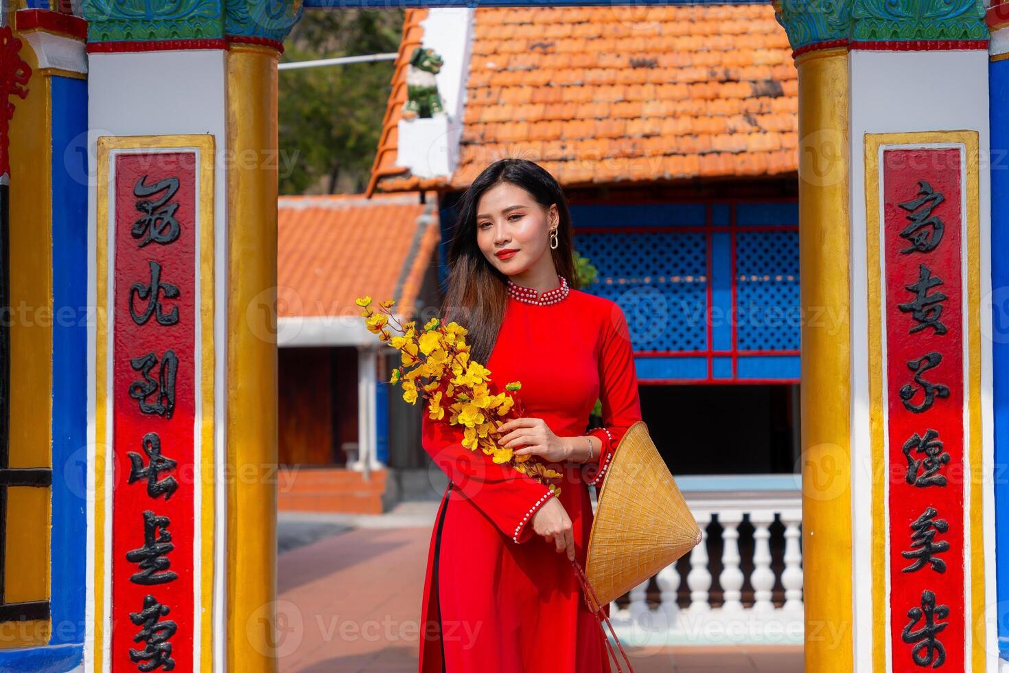 Vietnamese girl with Ao Dai dress standing in traditional house of Vietnam. Text in photo mean best wishes to family, happiness, prosperity, health. Tet holiday and New Year.