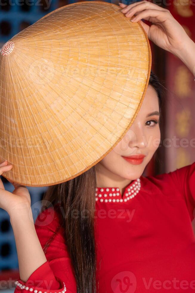 Vietnamese girl with Ao Dai dress standing in traditional house of Vietnam. Text in photo mean best wishes to family, happiness, prosperity, health. Tet holiday and New Year.