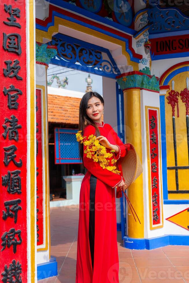 Vietnamese girl with Ao Dai dress standing in traditional house of Vietnam. Text in photo mean best wishes to family, happiness, prosperity, health. Tet holiday and New Year.