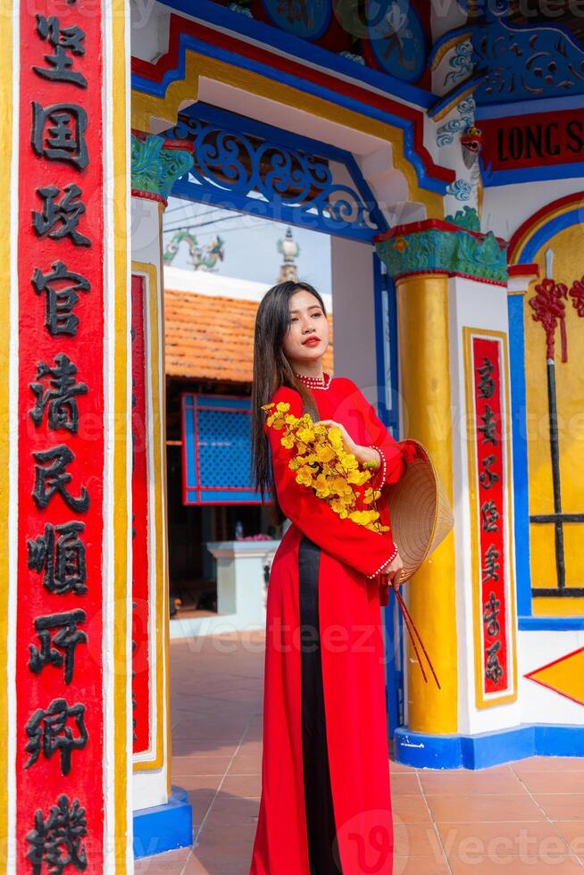 Vietnamese girl with Ao Dai dress standing in traditional house of Vietnam. Text in photo mean best wishes to family, happiness, prosperity, health. Tet holiday and New Year.