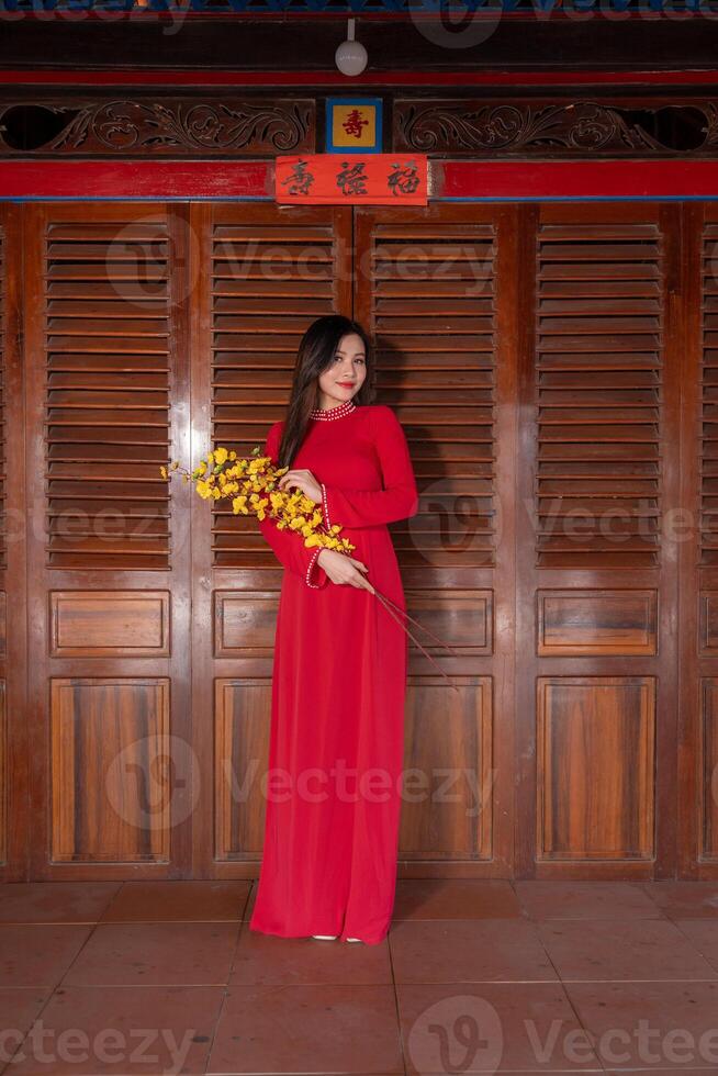 Vietnamese girl with Ao Dai dress standing in traditional house of Vietnam. Text in photo mean best wishes to family, happiness, prosperity, health. Tet holiday and New Year.