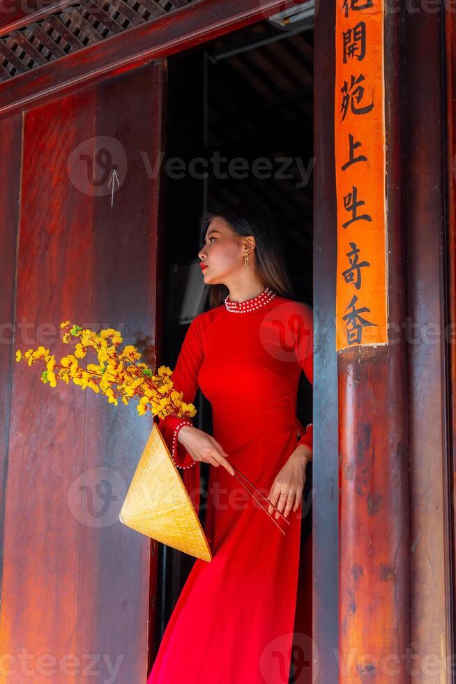 Vietnamese girl with Ao Dai dress standing in traditional house of Vietnam. Text in photo mean best wishes to family, happiness, prosperity, health. Tet holiday and New Year.