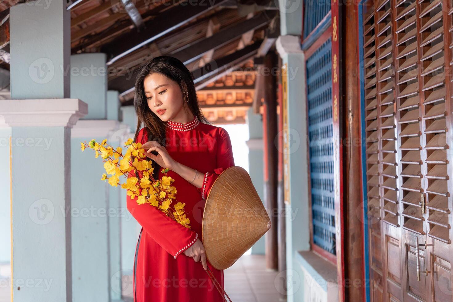 Vietnamese girl with Ao Dai dress standing in traditional house of Vietnam. Text in photo mean best wishes to family, happiness, prosperity, health. Tet holiday and New Year.