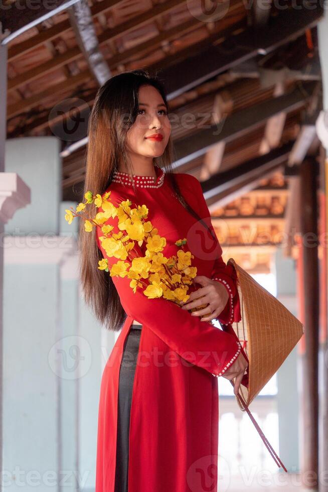 Vietnamese girl with Ao Dai dress standing in traditional house of Vietnam. Text in photo mean best wishes to family, happiness, prosperity, health. Tet holiday and New Year.