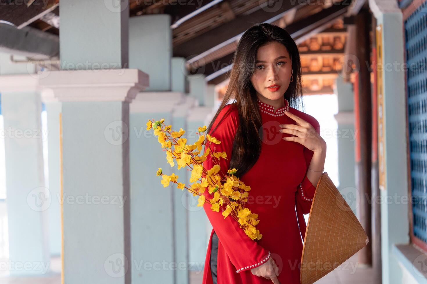Vietnamese girl with Ao Dai dress standing in traditional house of Vietnam. Text in photo mean best wishes to family, happiness, prosperity, health. Tet holiday and New Year.