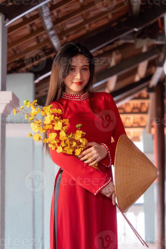 Vietnamese girl with Ao Dai dress standing in traditional house of Vietnam. Text in photo mean best wishes to family, happiness, prosperity, health. Tet holiday and New Year.