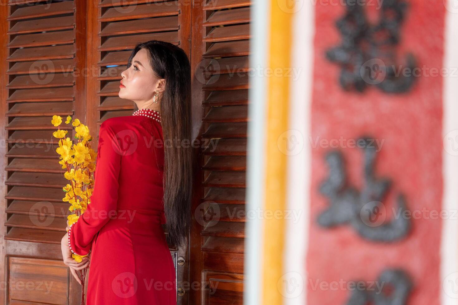Vietnamese girl with Ao Dai dress standing in traditional house of Vietnam. Text in photo mean best wishes to family, happiness, prosperity, health. Tet holiday and New Year.