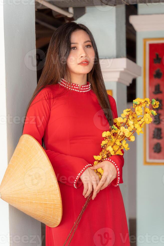 Vietnamese girl with Ao Dai dress standing in traditional house of Vietnam. Text in photo mean best wishes to family, happiness, prosperity, health. Tet holiday and New Year.