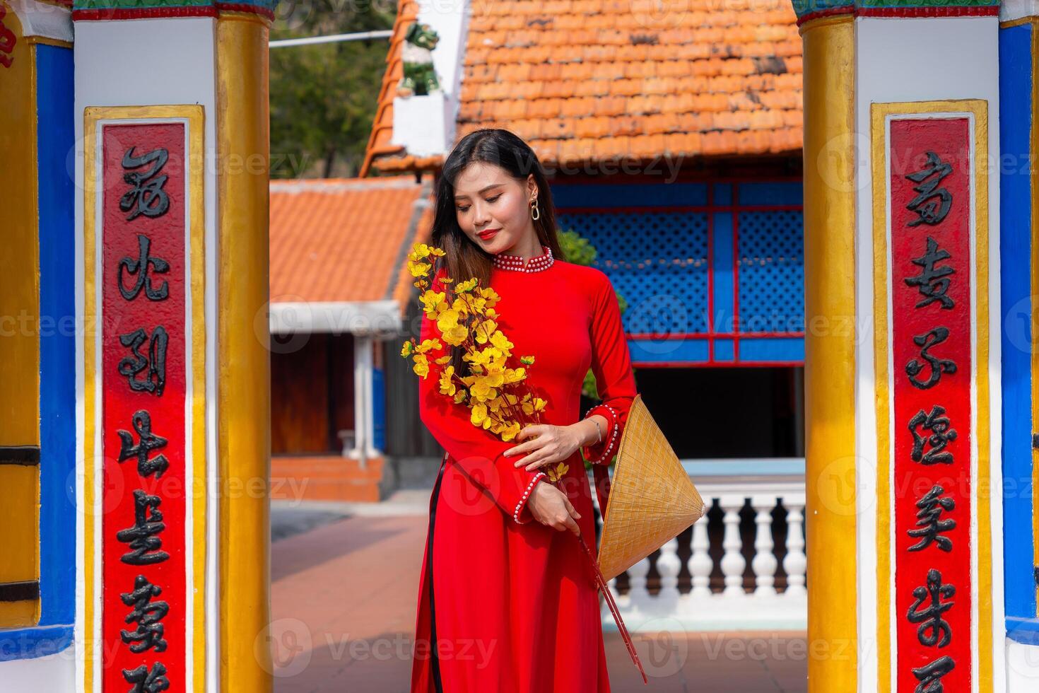 Vietnamese girl with Ao Dai dress standing in traditional house of Vietnam. Text in photo mean best wishes to family, happiness, prosperity, health. Tet holiday and New Year.