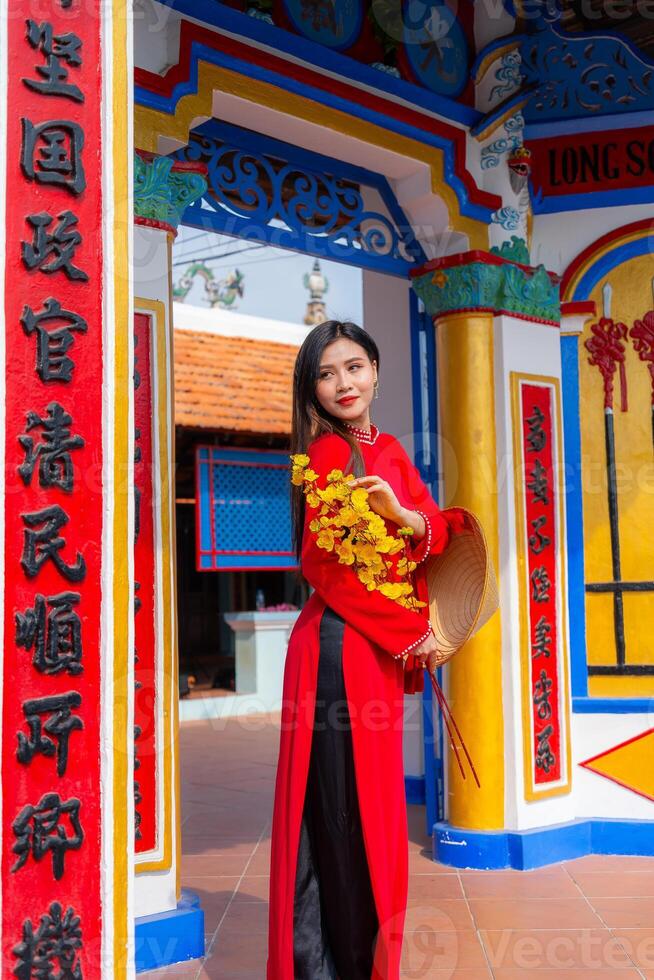 Vietnamese girl with Ao Dai dress standing in traditional house of Vietnam. Text in photo mean best wishes to family, happiness, prosperity, health. Tet holiday and New Year.