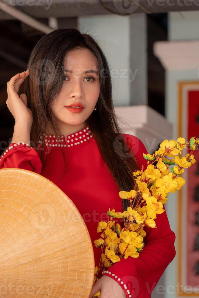 Vietnamese girl with Ao Dai dress standing in traditional house of Vietnam. Text in photo mean best wishes to family, happiness, prosperity, health. Tet holiday and New Year.