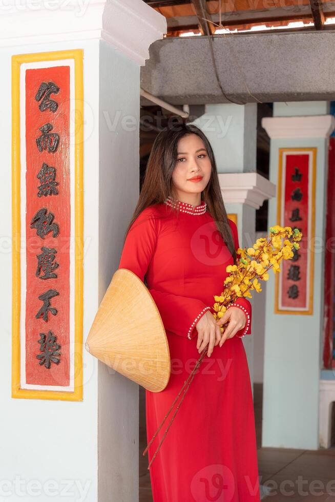 Vietnamese girl with Ao Dai dress standing in traditional house of Vietnam. Text in photo mean best wishes to family, happiness, prosperity, health. Tet holiday and New Year.