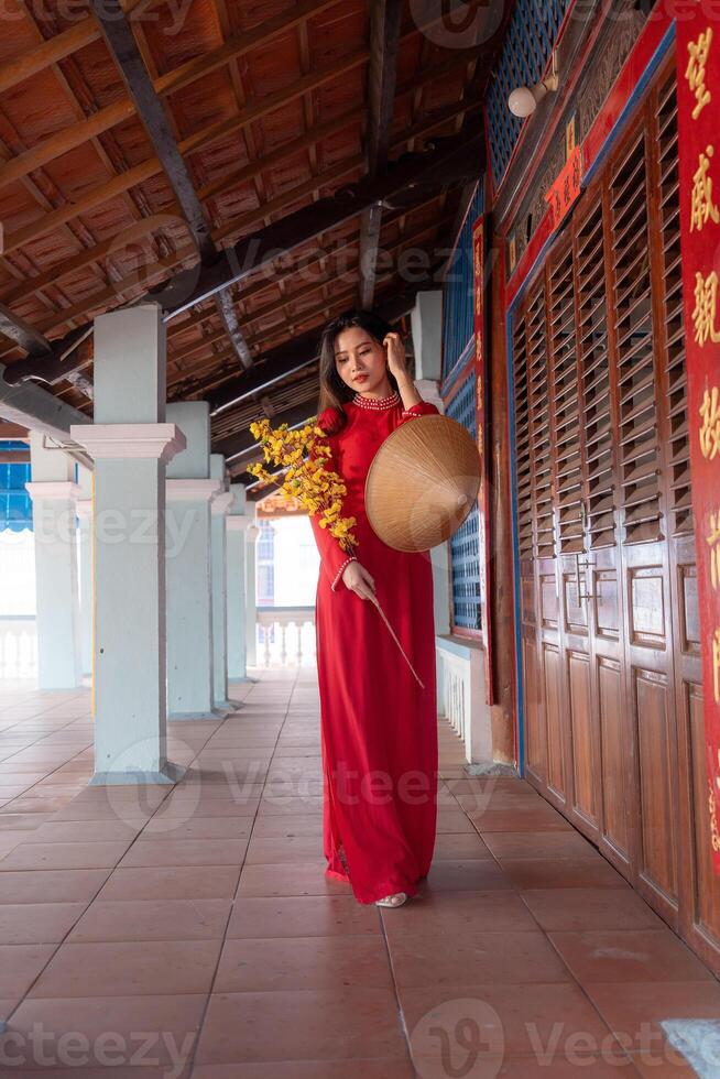 Vietnamese girl with Ao Dai dress standing in traditional house of Vietnam. Text in photo mean best wishes to family, happiness, prosperity, health. Tet holiday and New Year.