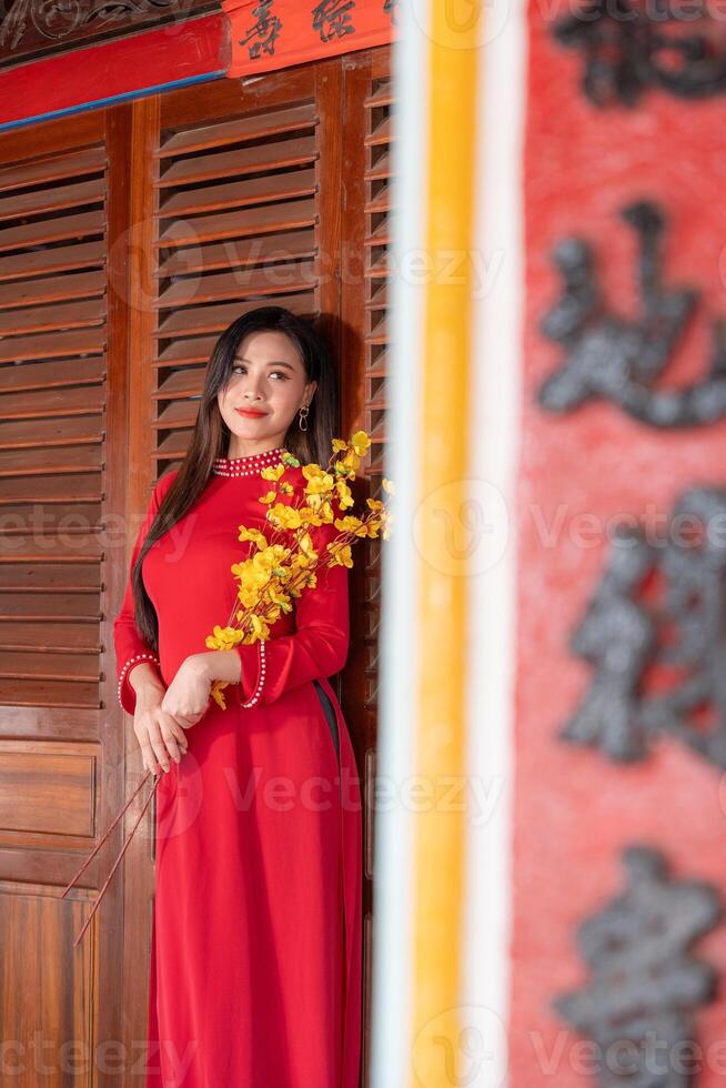 Vietnamese girl with Ao Dai dress standing in traditional house of Vietnam. Text in photo mean best wishes to family, happiness, prosperity, health. Tet holiday and New Year.
