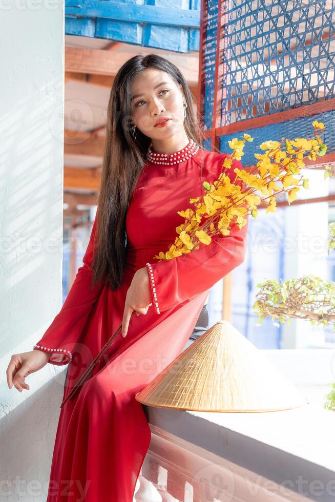 Vietnamese girl with Ao Dai dress standing in traditional house of Vietnam. Text in photo mean best wishes to family, happiness, prosperity, health. Tet holiday and New Year.