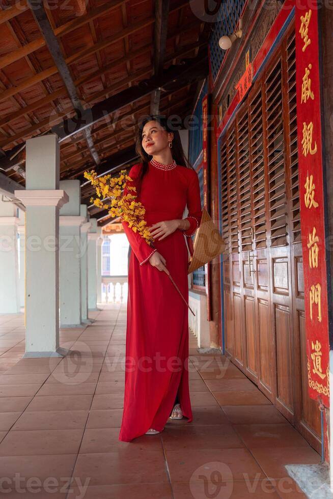 Vietnamese girl with Ao Dai dress standing in traditional house of Vietnam. Text in photo mean best wishes to family, happiness, prosperity, health. Tet holiday and New Year.