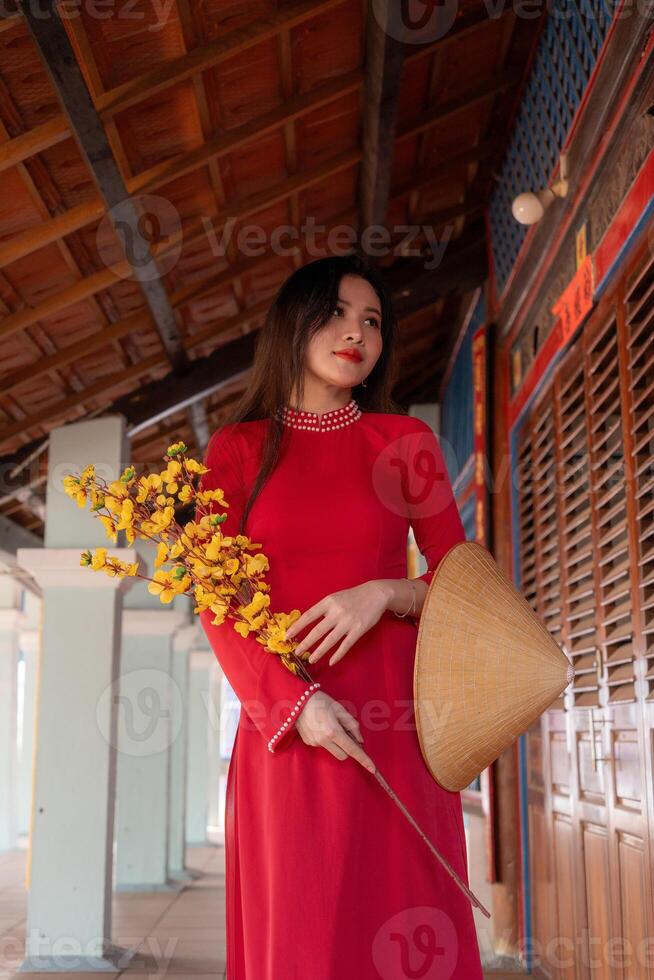 Vietnamese girl with Ao Dai dress standing in traditional house of Vietnam. Text in photo mean best wishes to family, happiness, prosperity, health. Tet holiday and New Year.