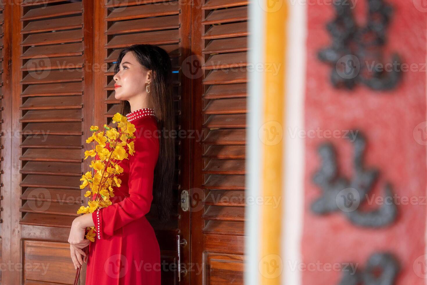 Vietnamese girl with Ao Dai dress standing in traditional house of Vietnam. Text in photo mean best wishes to family, happiness, prosperity, health. Tet holiday and New Year.