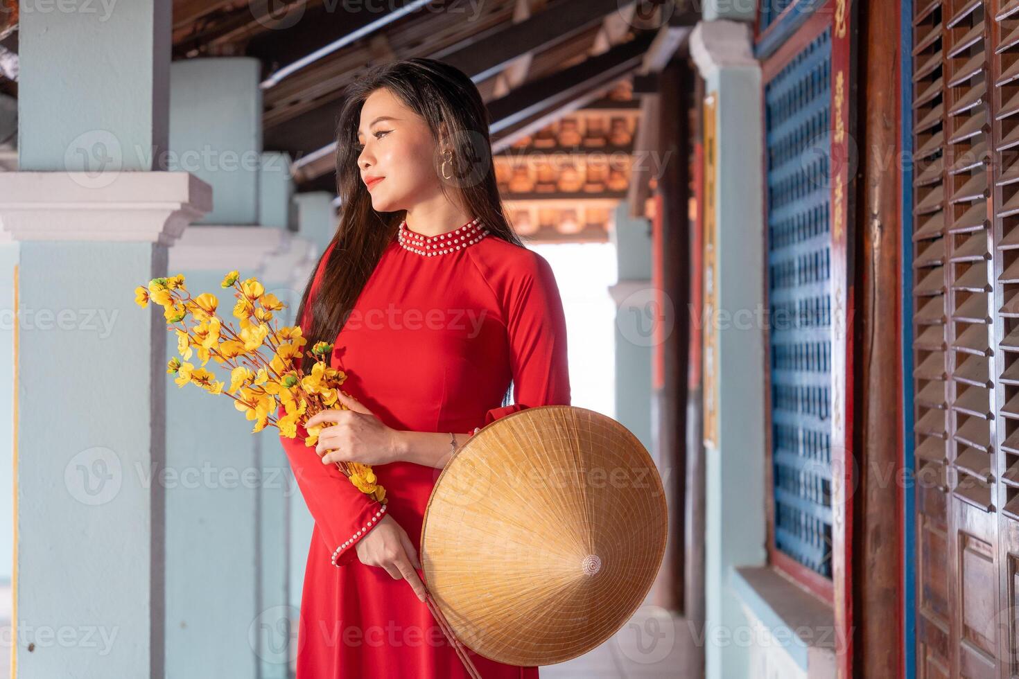 Vietnamese girl with Ao Dai dress standing in traditional house of Vietnam. Text in photo mean best wishes to family, happiness, prosperity, health. Tet holiday and New Year.