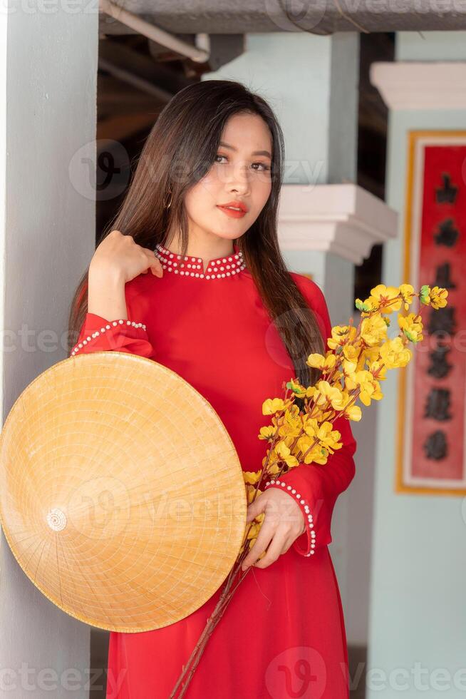 Vietnamese girl with Ao Dai dress standing in traditional house of Vietnam. Text in photo mean best wishes to family, happiness, prosperity, health. Tet holiday and New Year.