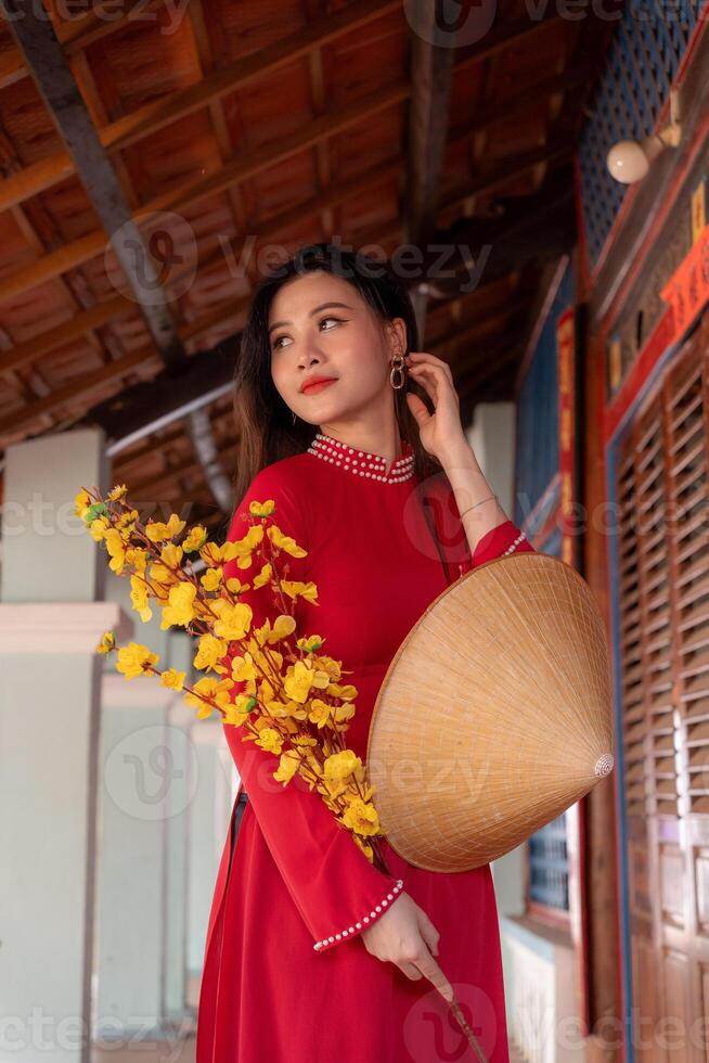 Vietnamese girl with Ao Dai dress standing in traditional house of Vietnam. Text in photo mean best wishes to family, happiness, prosperity, health. Tet holiday and New Year.