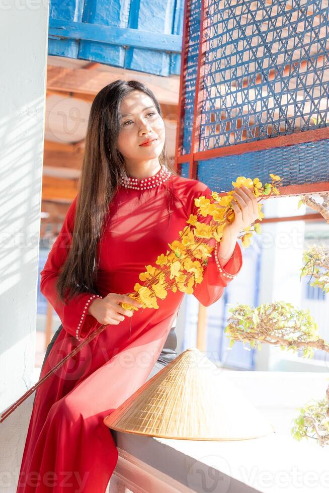 Vietnamese girl with Ao Dai dress standing in traditional house of Vietnam. Text in photo mean best wishes to family, happiness, prosperity, health. Tet holiday and New Year.