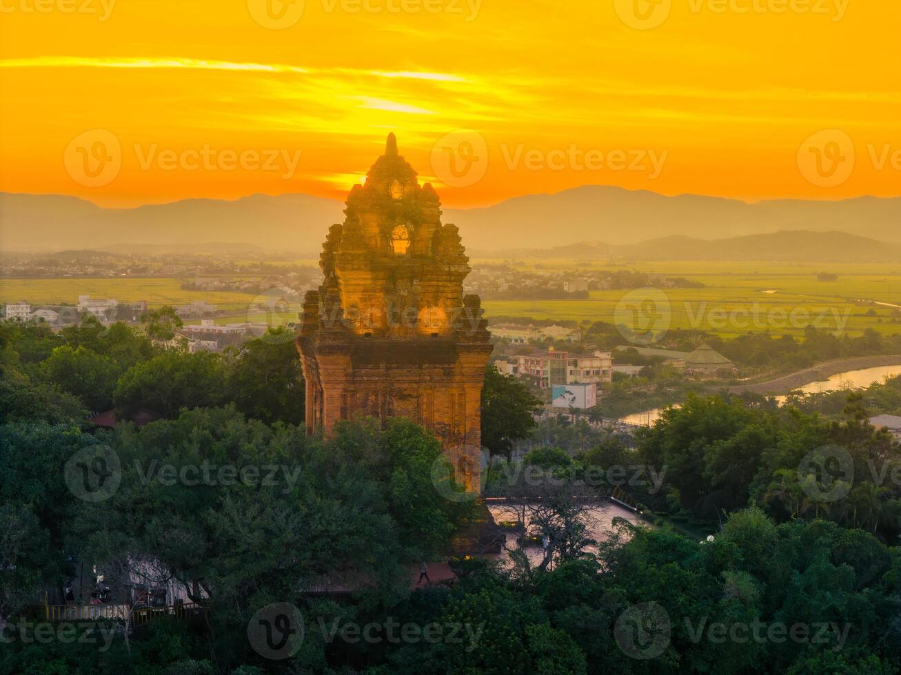 Aerial view of Nhan temple, tower is an artistic architectural work of Champa people in Tuy Hoa city, Phu Yen province, Vietnam. Sunset view photo