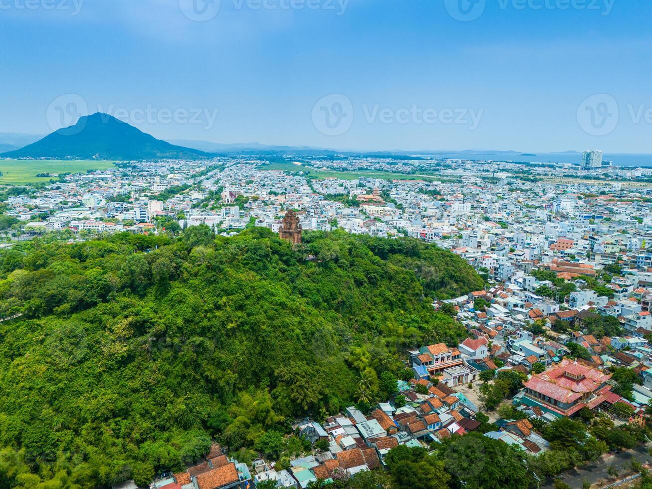 Aerial view of Nhan temple, tower is an artistic architectural work of Champa people in Tuy Hoa city, Phu Yen province, Vietnam photo