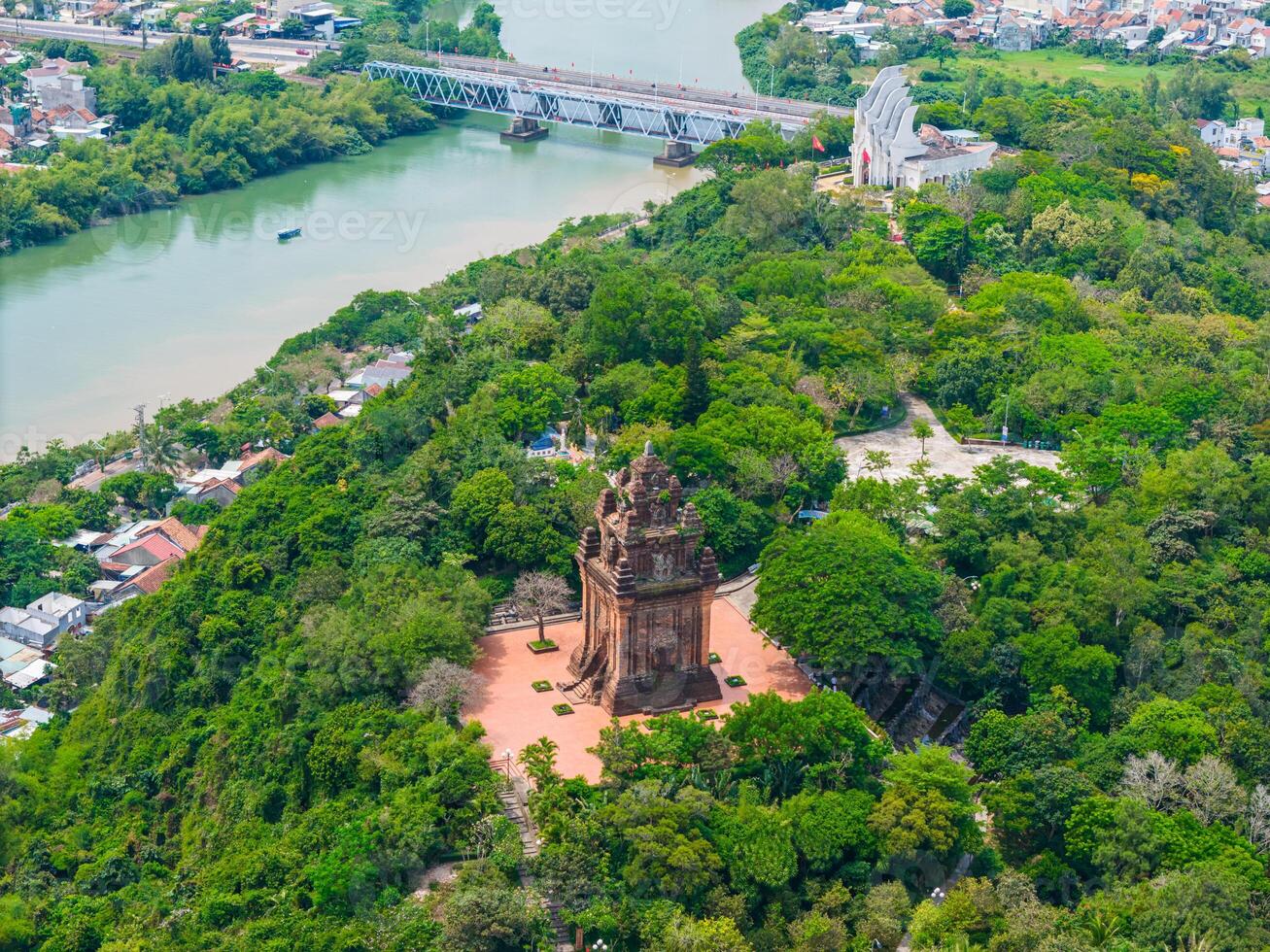 Aerial view of Nhan temple, tower is an artistic architectural work of Champa people in Tuy Hoa city, Phu Yen province, Vietnam photo