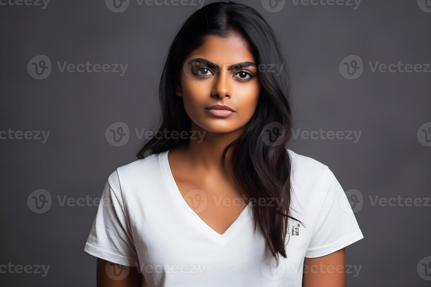 Young girl in t-shirt mockup. Neural network photo