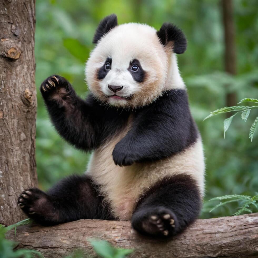 Adorable Baby Panda Clinging to a Tree photo