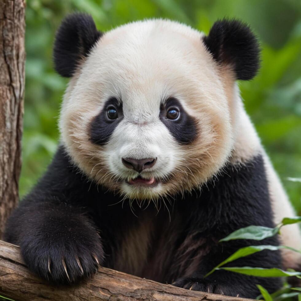 Adorable Baby Panda Clinging to a Tree photo