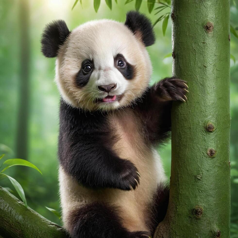 Adorable Baby Panda Clinging to a Tree photo