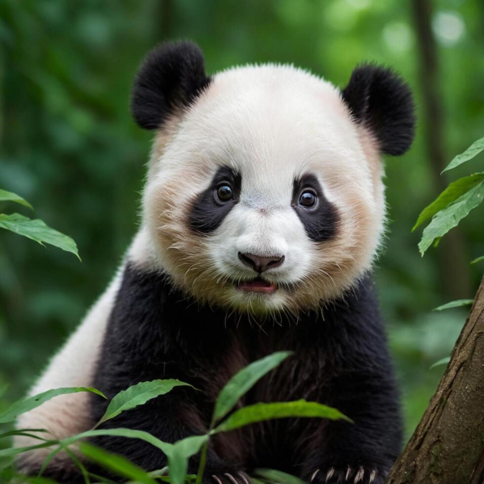 Adorable Baby Panda Clinging to a Tree photo