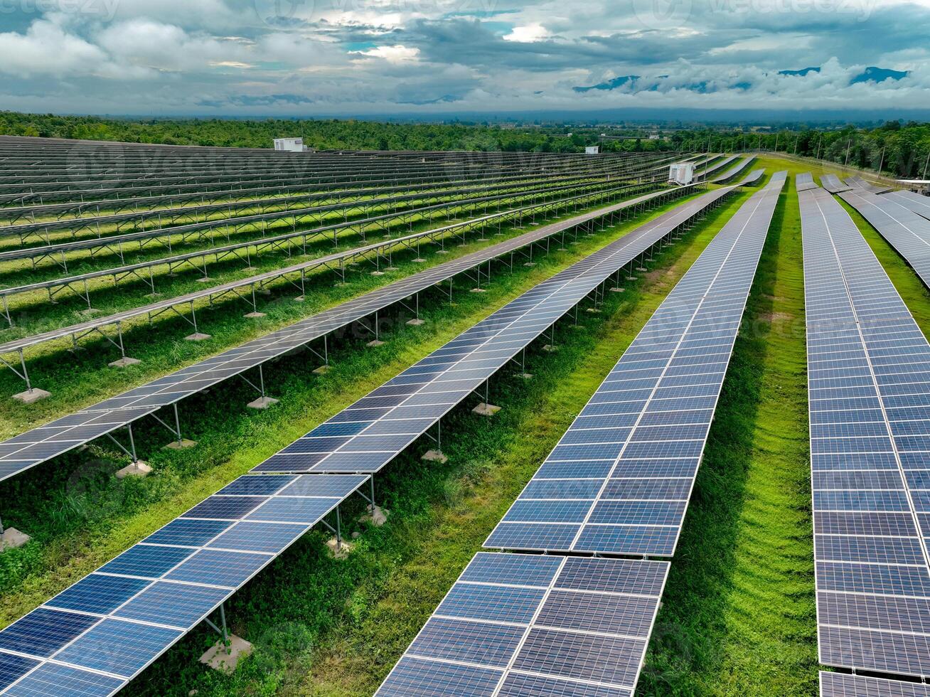 Aerial view of solar farm. Sustainable renewable energy and modern photovoltaic technology for eco-friendly electricity production. Solar power station. Green energy solutions. Solar panel technology. photo