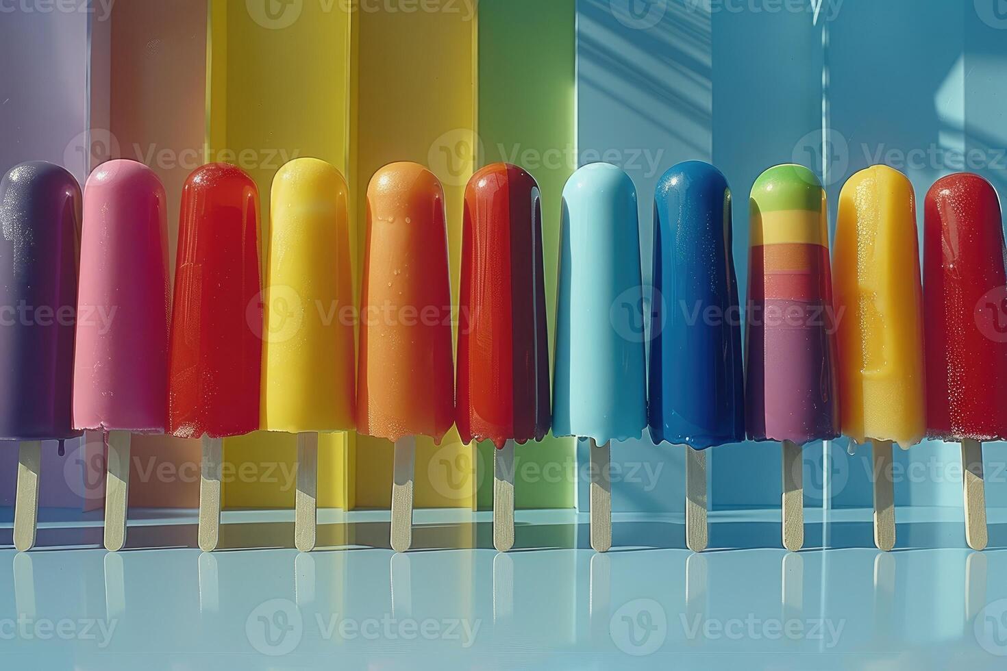 Popsicles in a row against a rainbow background photo