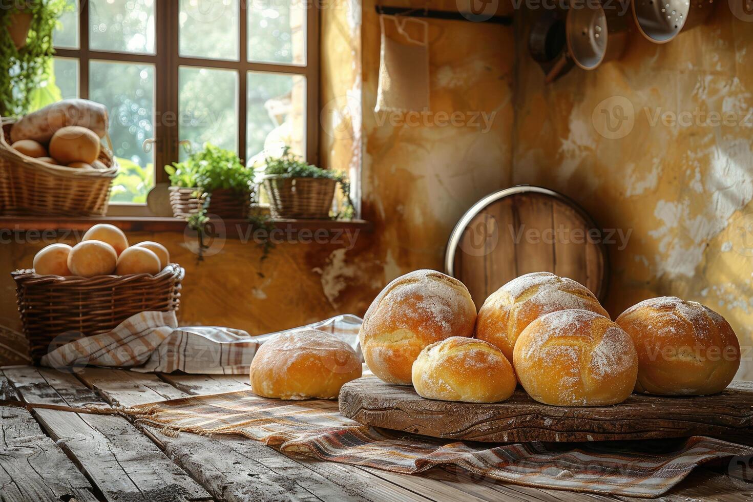 Freshly baked bread arranged on a rustic wooden table with a plaid cloth and a window in the background photo